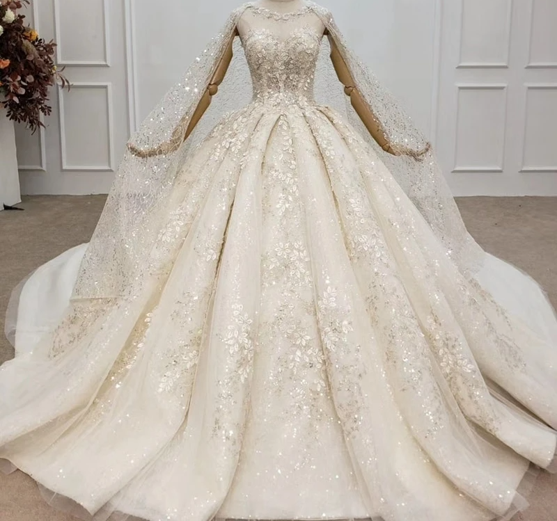 Champagne (Handmade Flowers) Sequins Wedding Dresses 2020 Champagne / 4 / 200cm