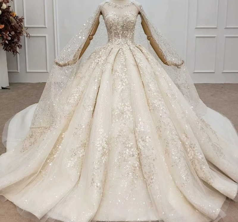 Champagne (Handmade Flowers) Sequins Wedding Dresses 2020 Champagne / 4 / 200cm