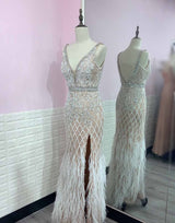 Luxury White Feathers Split Dress- Long Nude Beaded  Mermaid