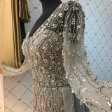 Heavy Beaded Silver Crystals V Neck Long Sleeve Elegant Evening Dress