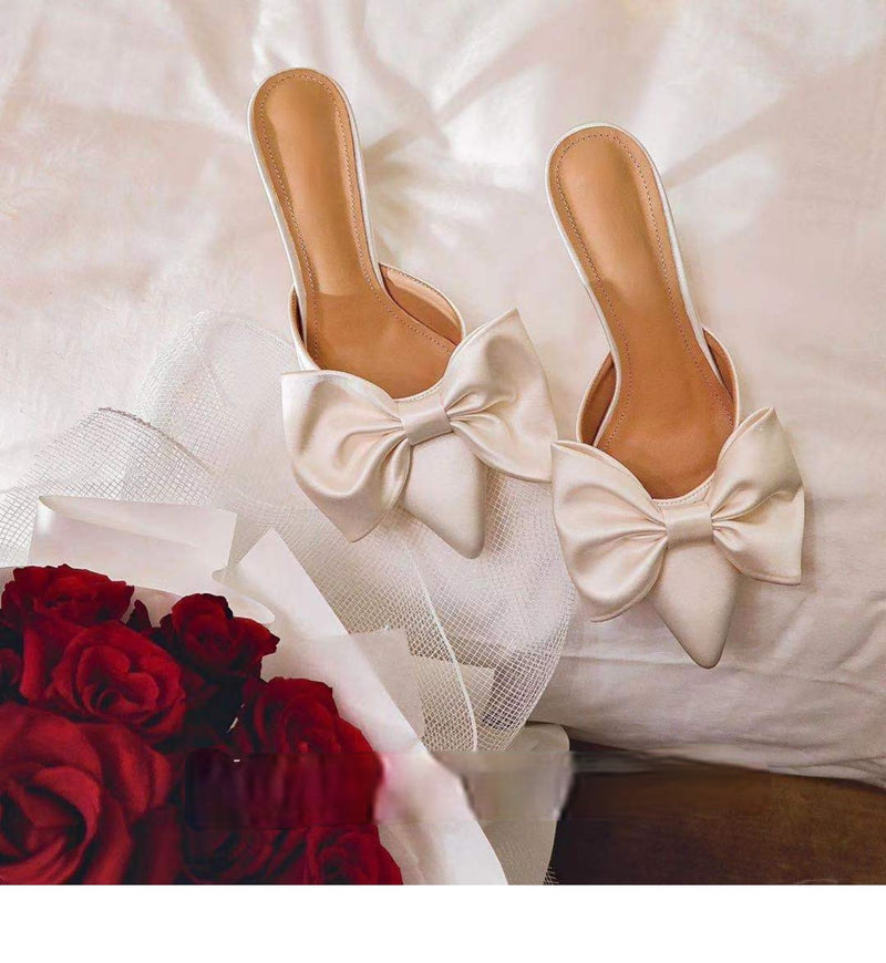 WHITE Satin Pointy Toe Pump Low Heel with SATIN BOW - Wedding