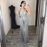 Elegant Silver full length Dress with Straps heavy Crystals Beaded Tulle Formal Gowns