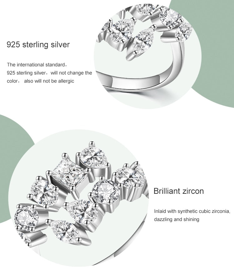 Sterling Silver Dazzling Geometric Clear Zircon Adjustable Ring Classic Luxury Wedding Jewelry