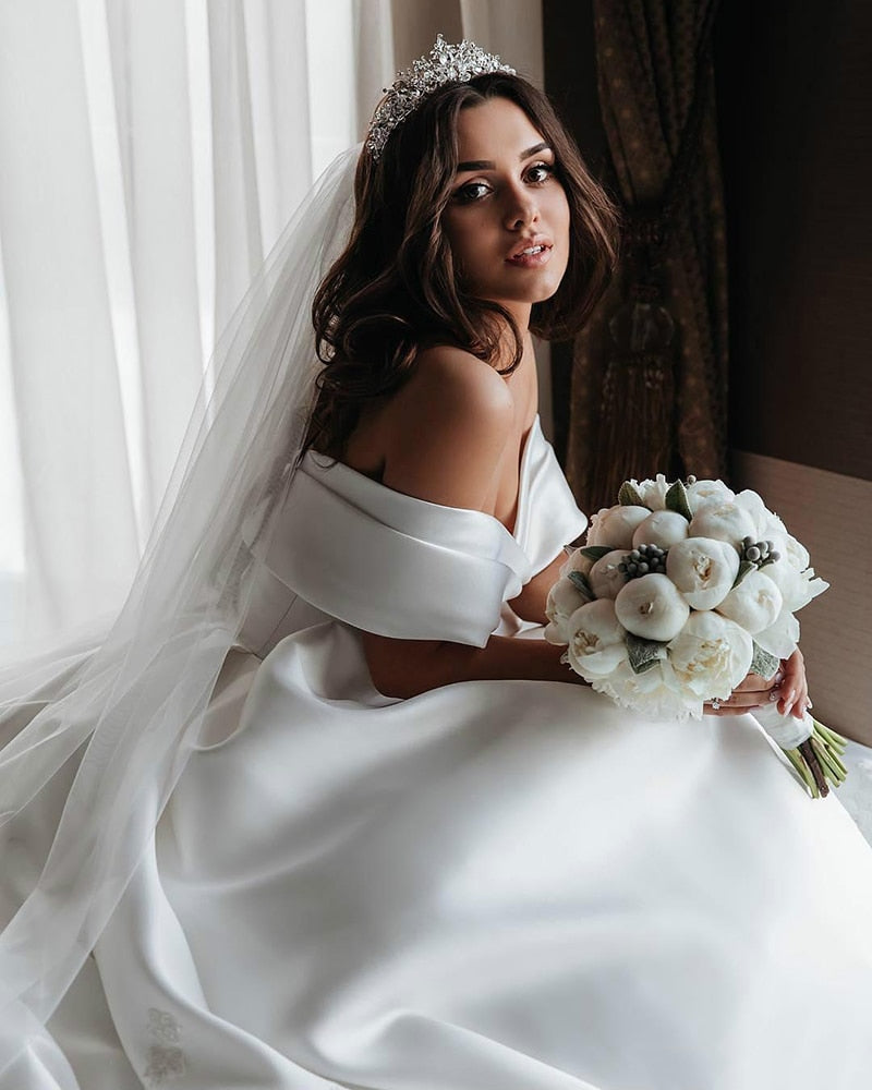 Princess Satin Vintage Wedding Dress, Off Shoulder Ivory / Custom Size Princess Satin Vintage Wedding Dress, Off Shoulder Ivory / Custom Size