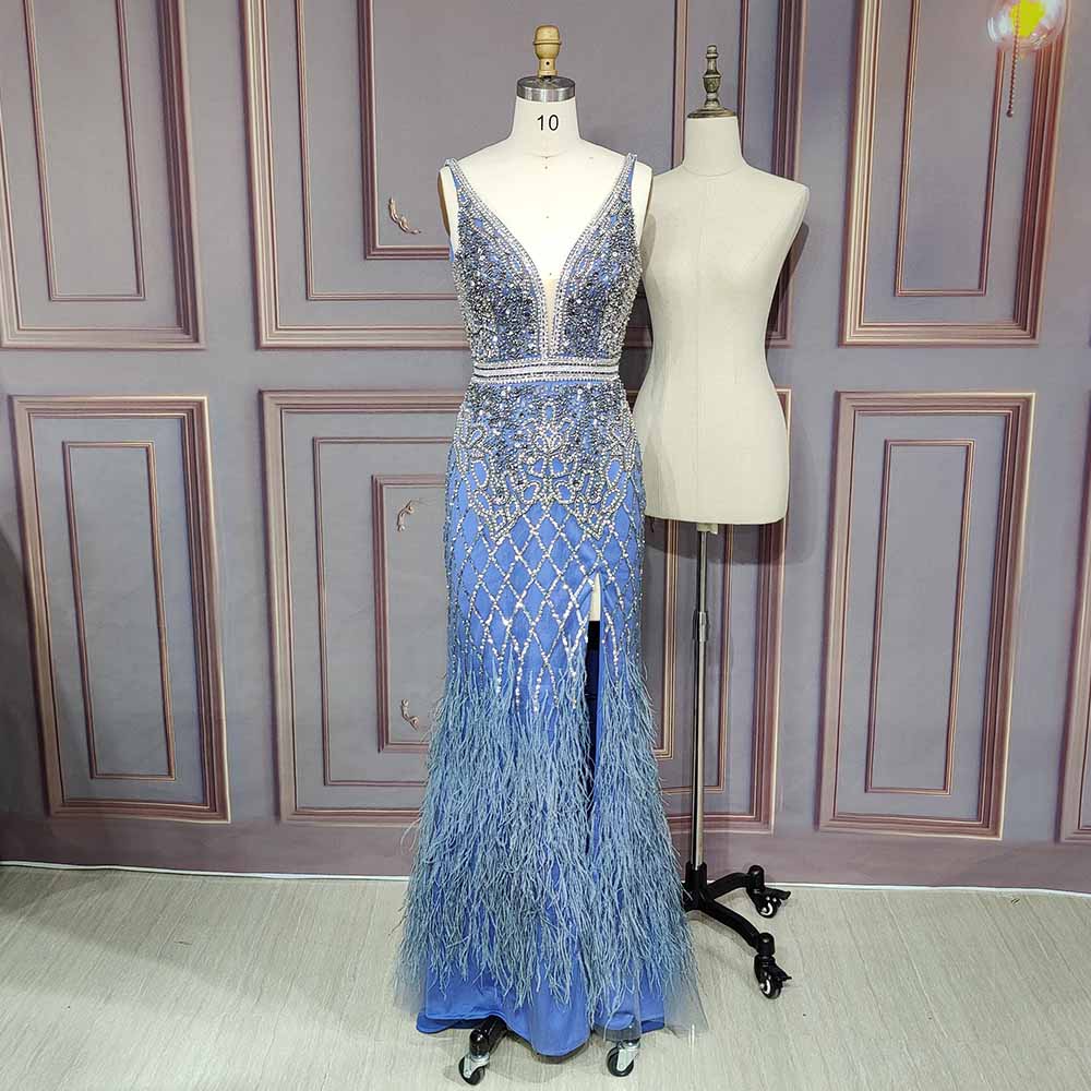 Luxury White Feathers Split Dress- Long Nude Beaded Mermaid Sandra's Bridal Collection Luxury White Feathers Split Dress- Long Nude Beaded Mermaid Sandra's Bridal Collection
