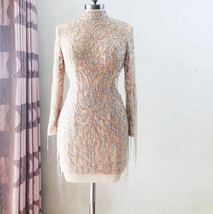 Elegant and Luxury Hand Beaded Short Mini Dress Long sleeve Black / 16 / China