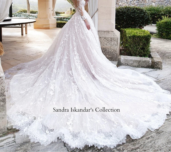 Elegant Long Sleeve Dress Cathedral Train Bridal Gown