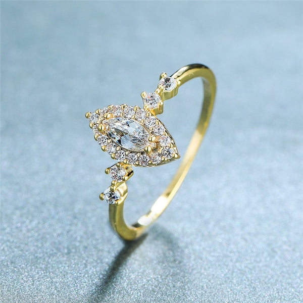 White Crystal Stone over Yellow Gold Thin Vintage Bridal Leaf Engagement Ring