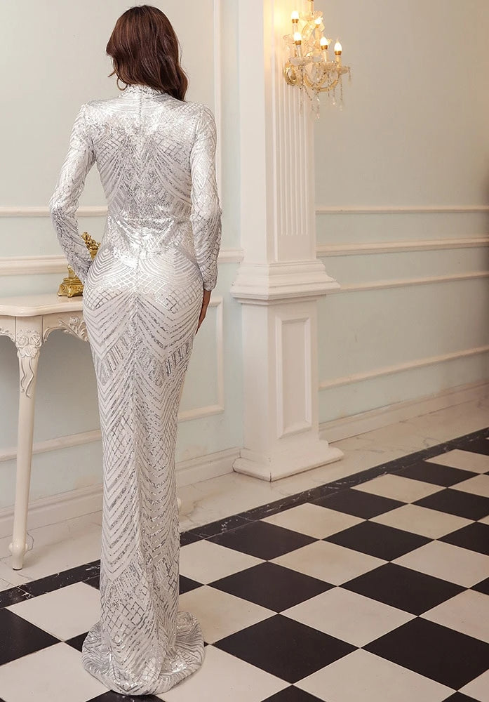 Bridesmaid Elegant High Neck Sequin Dress Long Sleeve Maxi Bodycon Dress