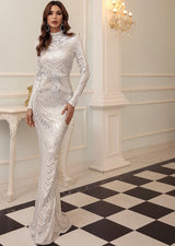 Bridesmaid Elegant High Neck Sequin Dress Long Sleeve Maxi Bodycon Dress
