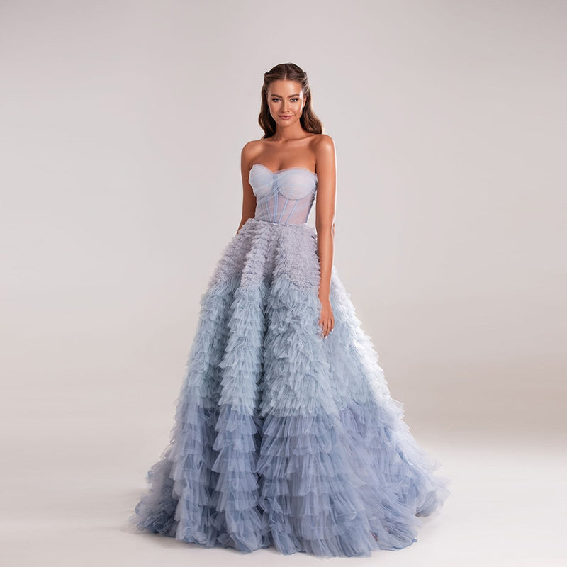 NEW 2022 Blue Ball Gown Gradient Long Sweetheart Crystals Pleated Tulle Ruffles Lace-Up Evening Dresses