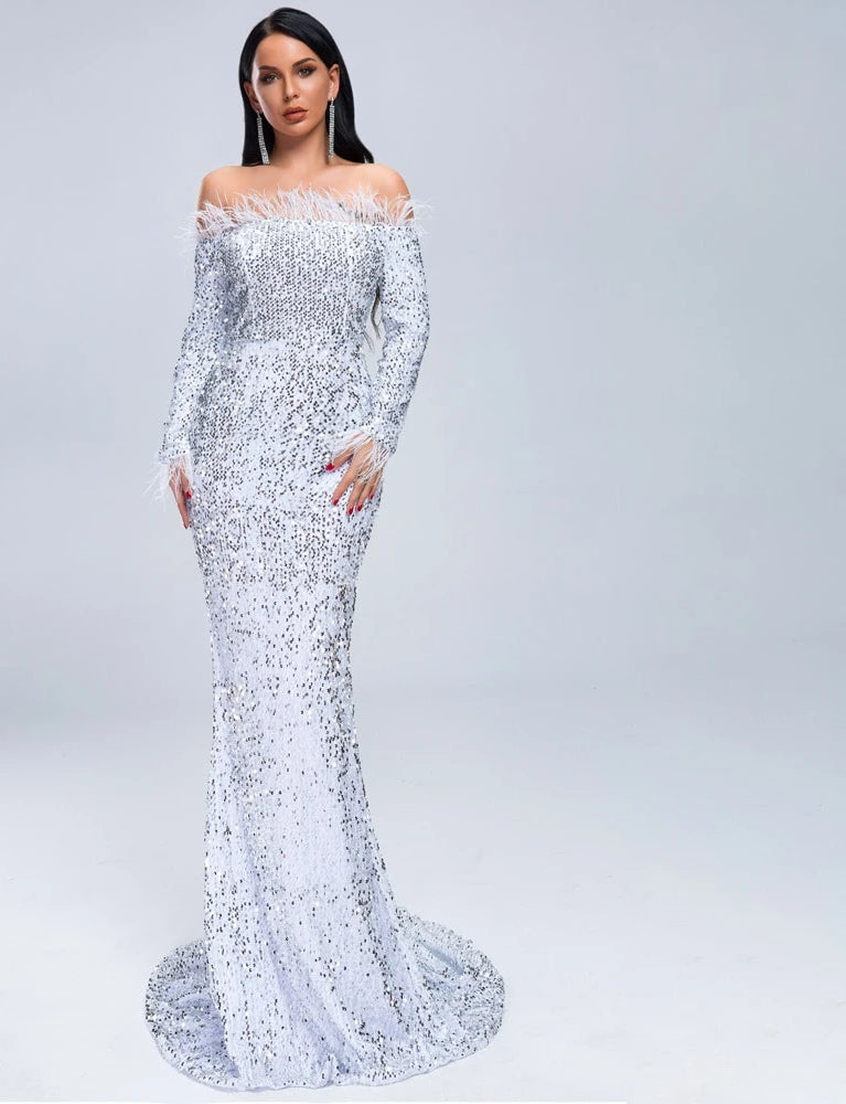 Bridesmaid Sexy Off Shoulder Feather Long Sleeve Sequin Party Maxi Reflective Dress