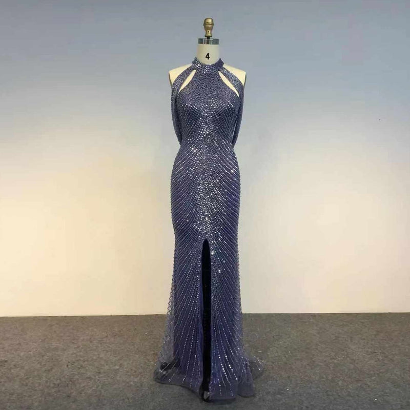 New 2022 Luxury Navy Blue Long Hand Beaded Evening Gown with Slit (limited supply)