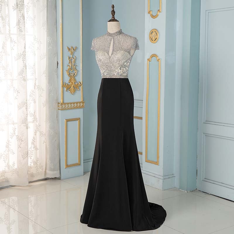 Elegant Black Crystals Mermaid Evening Dresses Long Cap Sleeve Formal Evening Gown (limited supply)