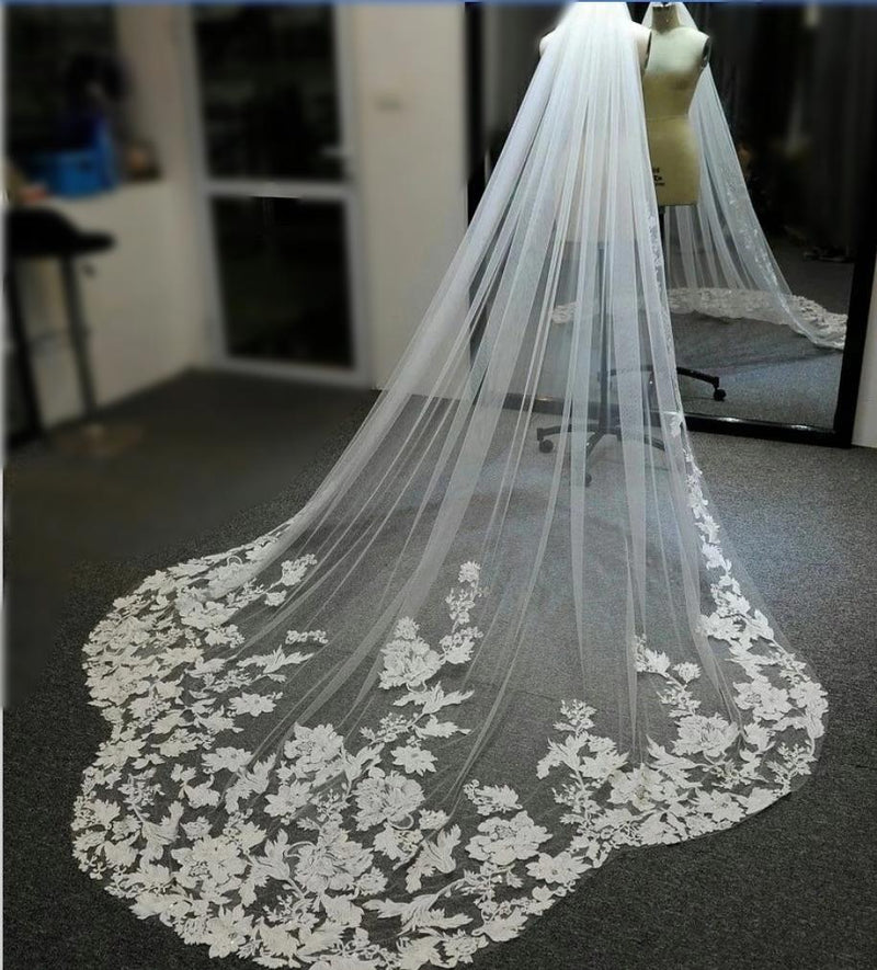 2015 Wedding Veils Lace Appliques Embroidered Champagne Tulle Cathedral  Length Bridal Veils One Layer