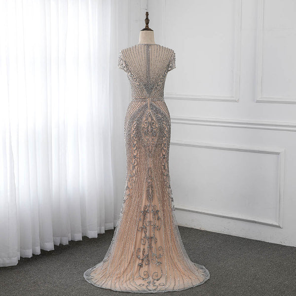 2022 Luxury Handmade Rhinestones Long Evening Dress Cap Sleeve