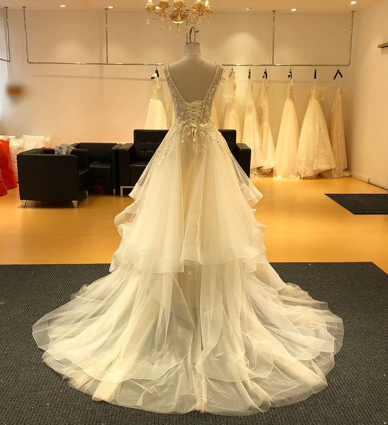 Boho A-Line Backless Wedding Dress 3D Flowers Wedding Gowns