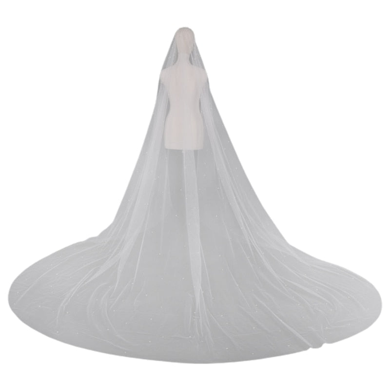 Romantic Trailing Cathedral Wedding Veil One-Layer Pearl Beading Headpiece