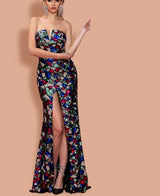 Sexy V-cut Strapless Sequin Multi color Dress with High Split