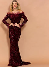 Bridesmaid Sexy Off Shoulder Feather Long Sleeve Sequin Party Maxi Reflective Dress