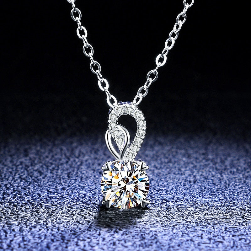 1CT Sterling Silver Real Moissanite- D Color Brilliant Diamond Heart Prong Necklace