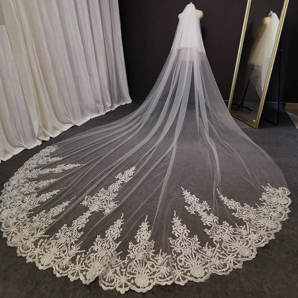 Long Lace Wedding Veil 4 Meters Bridal Veil with Comb Blusher Bride Headpiece