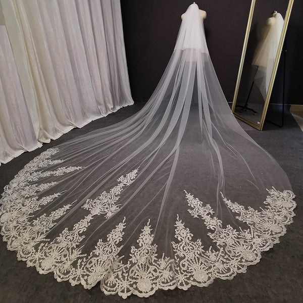 Long Lace Handmade Wedding Veil 4 Meters with Comb- Blusher