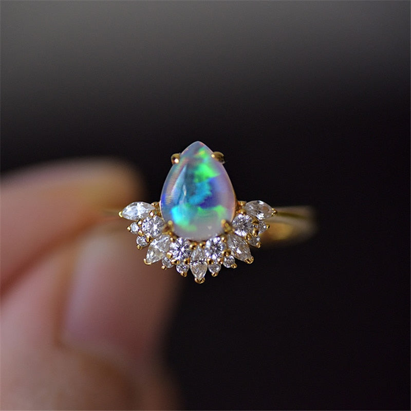 Elegant Water Drop Opal Crystal Crown Classic Engagement Ring