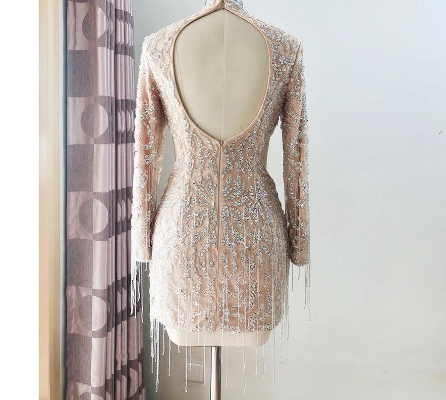 Elegant and Luxury Hand Beaded Short Mini Dress Long sleeve Black / 16 / China