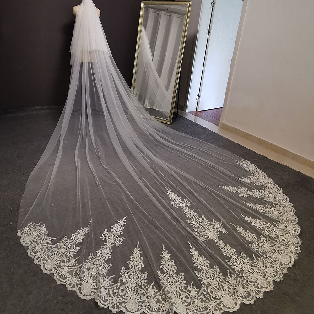 Long Lace Handmade Wedding Veil 4 Meters with Comb- Blusher 