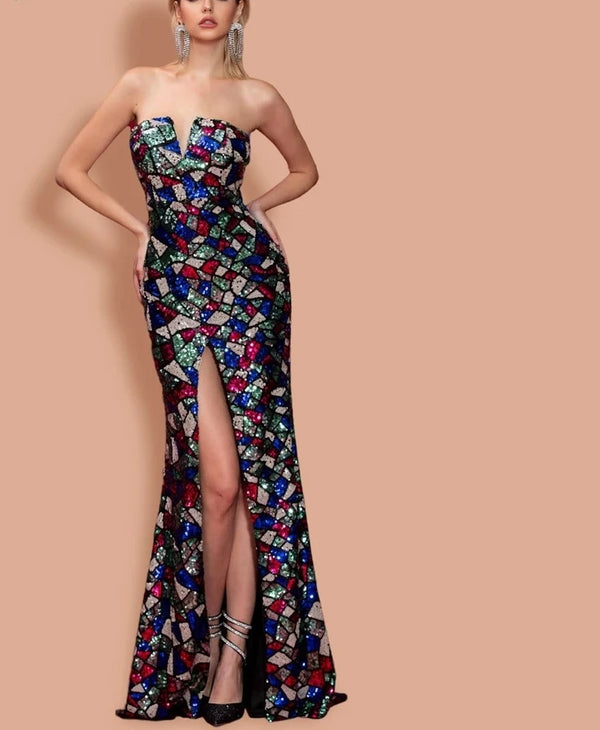 Sexy V-cut Strapless Sequin Multi color Dress with High Split