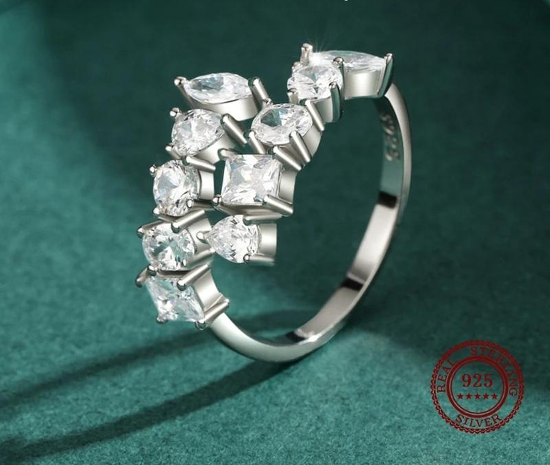 Sterling Silver Dazzling Geometric Clear Zircon Adjustable Ring Classic Luxury Wedding Jewelry