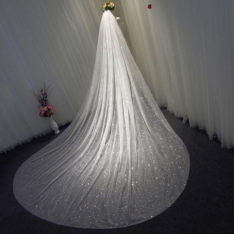 Sparkly White / Champagne Cathedral Veil Sequined With Comb 3X3.5Meters