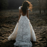 Wedding Dress Sexy Bohemian Deep V Neck 3D Floral Appliques Bridal Gowns Backless