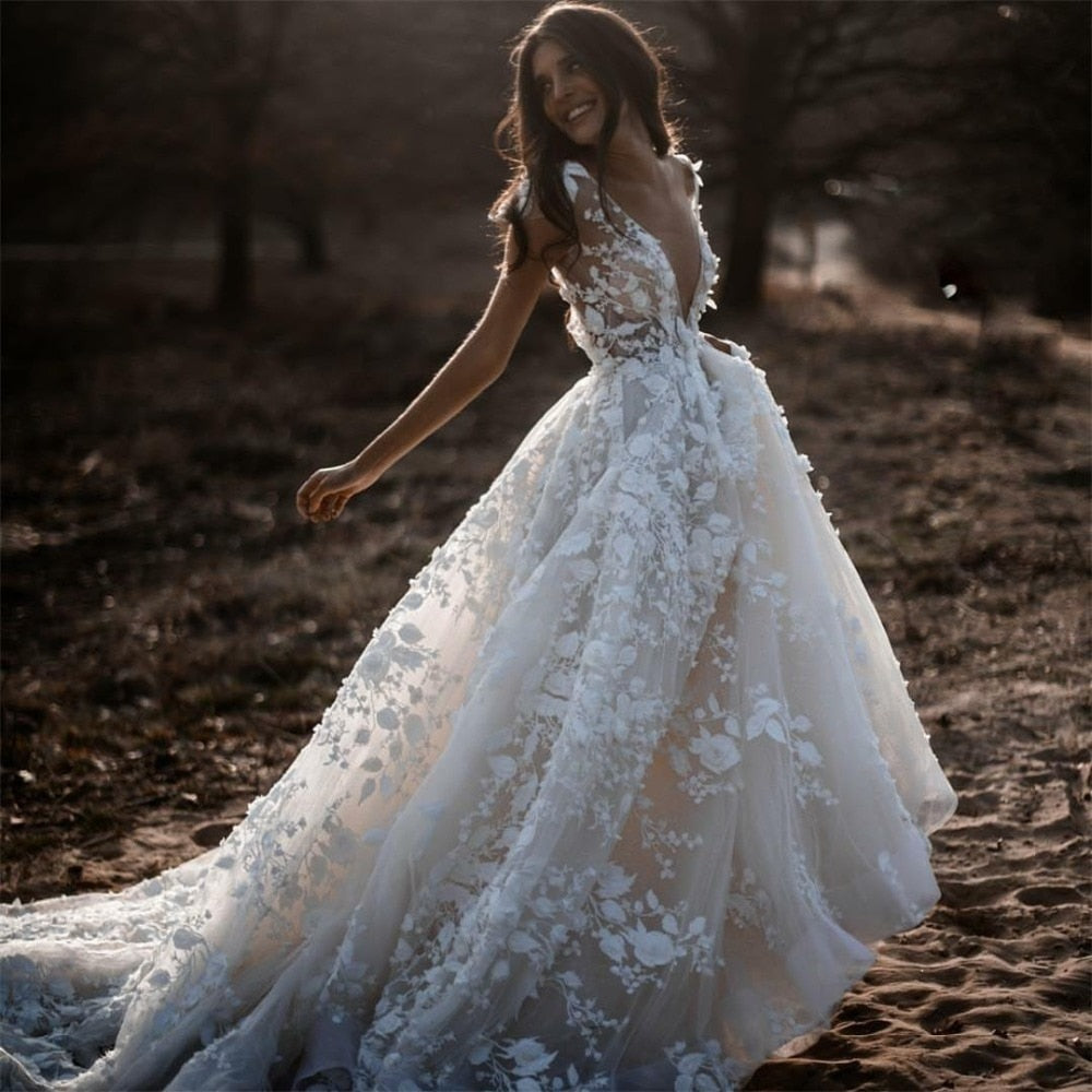 Wedding Dress Sexy Bohemian Deep V Neck 3D Floral Appliques Bridal Gowns Backless Ivory / 14 / 50cm