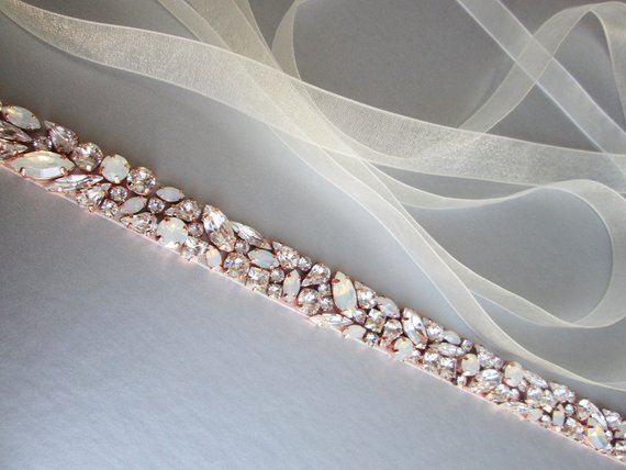 Wedding Dress Belt Crystal Rose Gold Handmade Opal