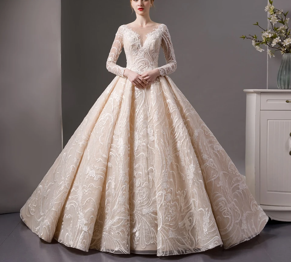 Full Lace beads luxury long sleeves ball gown wedding dress – Sandra's ...