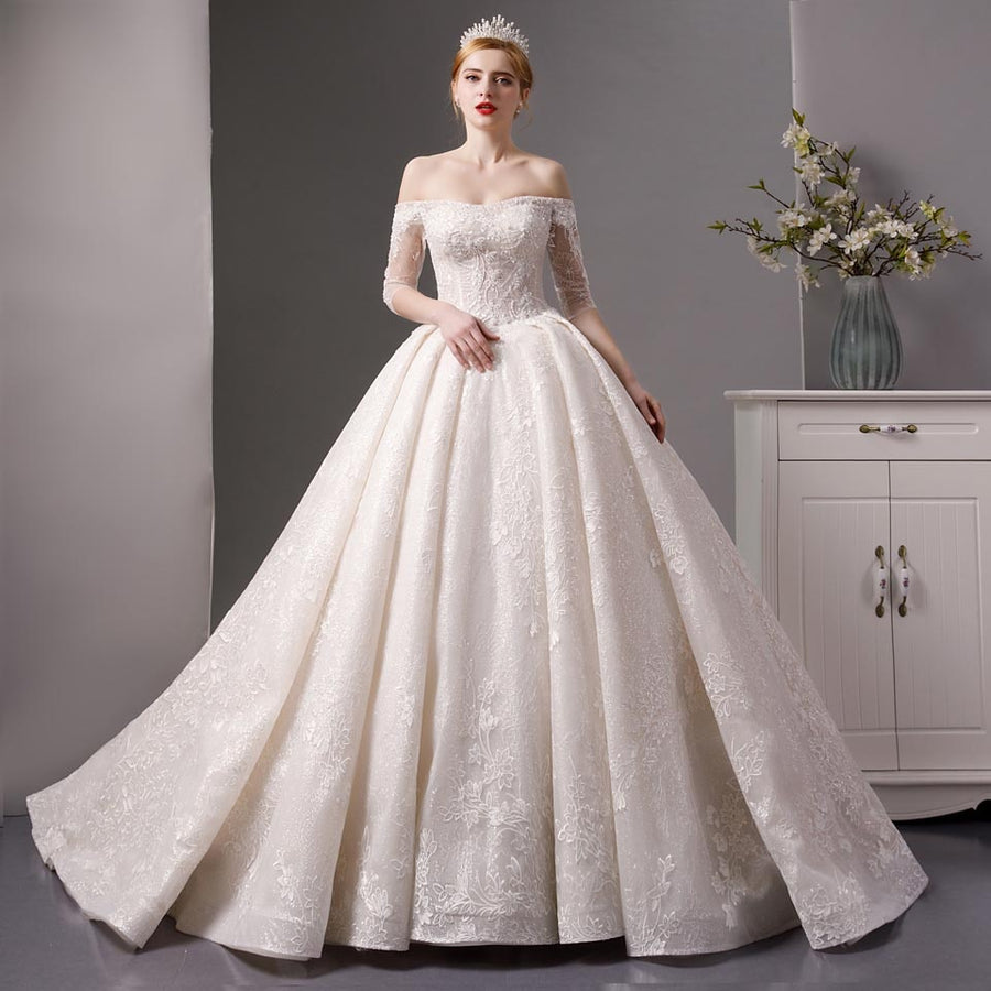 boat neck off the shoulder wedding dress Full Lace luxury off the shoulder boat neck ball gown Ivory / 4 / 100cm