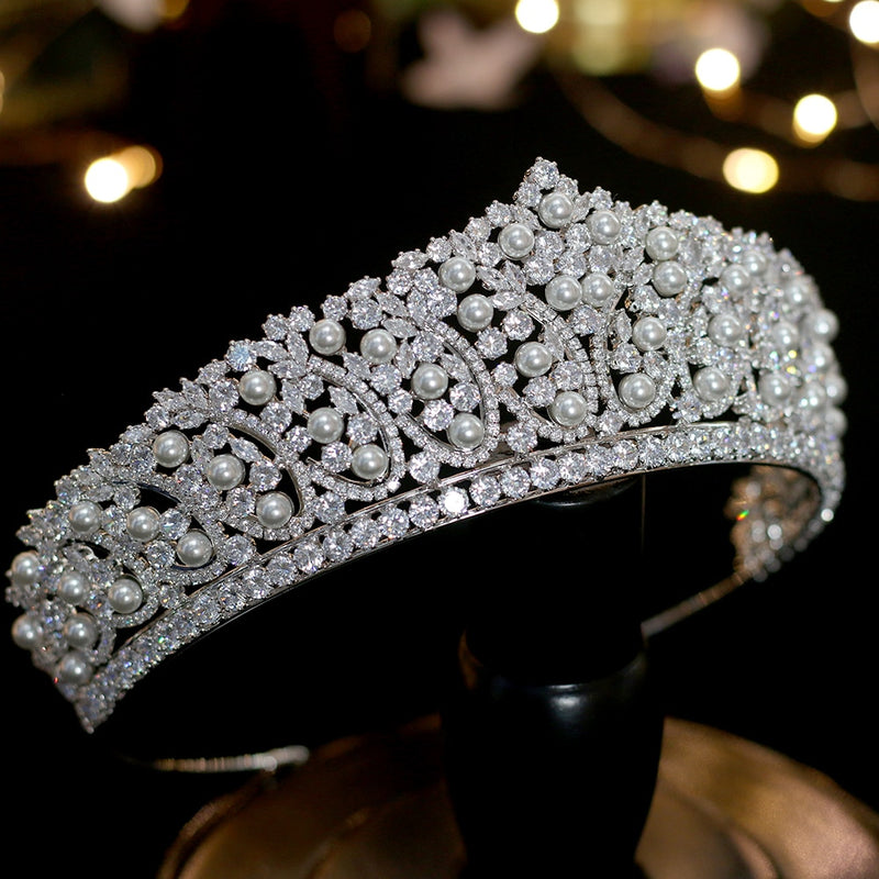 Luxury Bridal Swarovski Wedding Crown Tiara with Pearl and Crystals