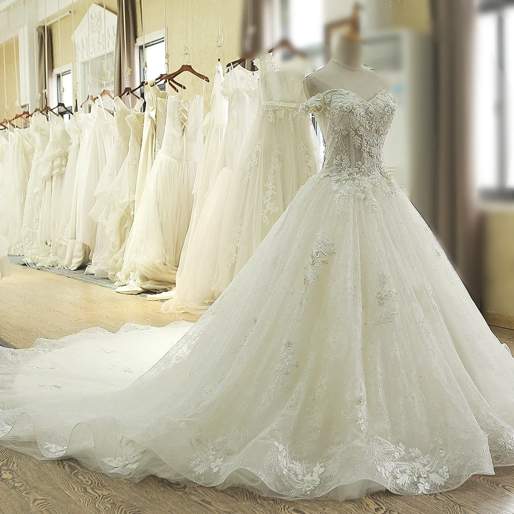 chinese dress ladies Vintage Luxury Lace Ball Gown Bridal Wedding Dress with Sleeves Ivory / 12 / 100cm