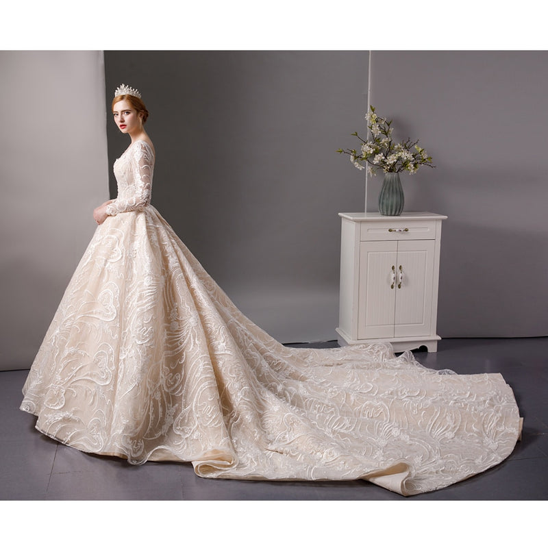 Full Lace beads luxury long sleeves ball gown wedding dress