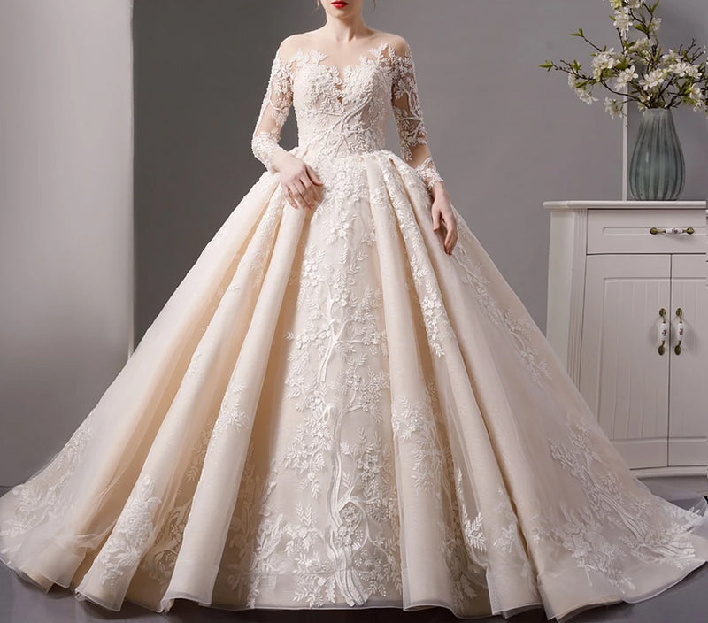 Luxury shinny lace ball gown wedding dress with long sleeves
