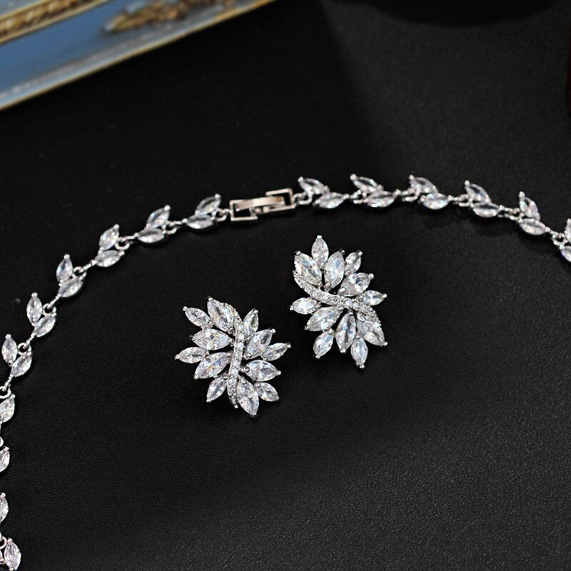 Women  Crystal Novel branches and leaves style Bridal Jewelry Sets Earrings Necklace Wedding Jewelry Accessories