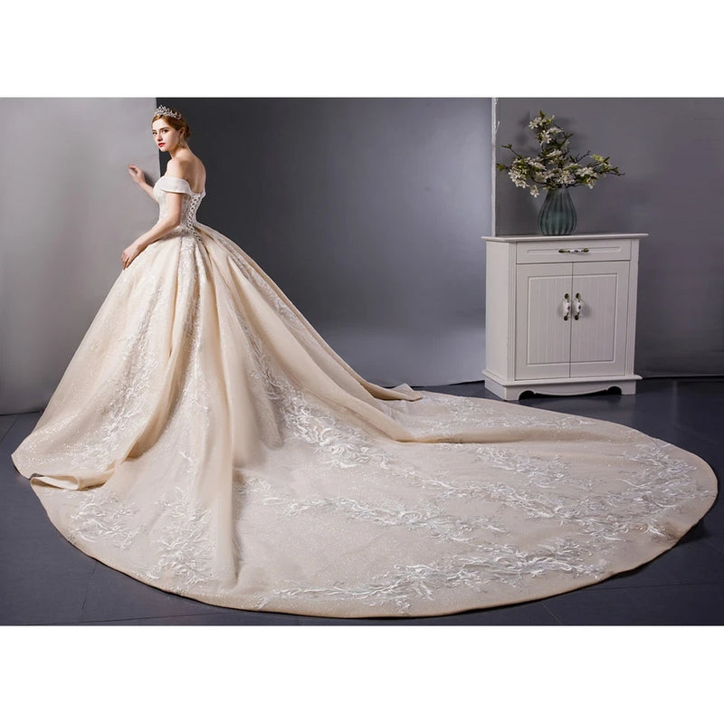 NEW ! Luxury Embroidery Lace Boat neck Ball gown with Royal train