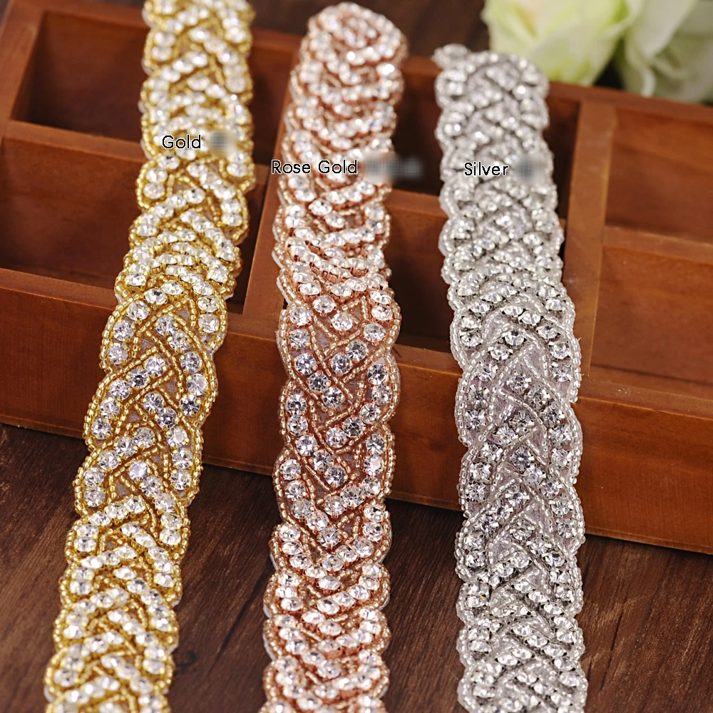 Wedding Belt Sash Luxury Rose Gold Belts Rhinestone Belts Navy Blue ribbon / Silver Applique