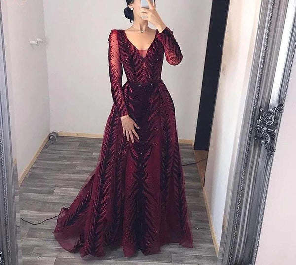 Sexy V Neck Long sleeve Dress- Heavily Beaded