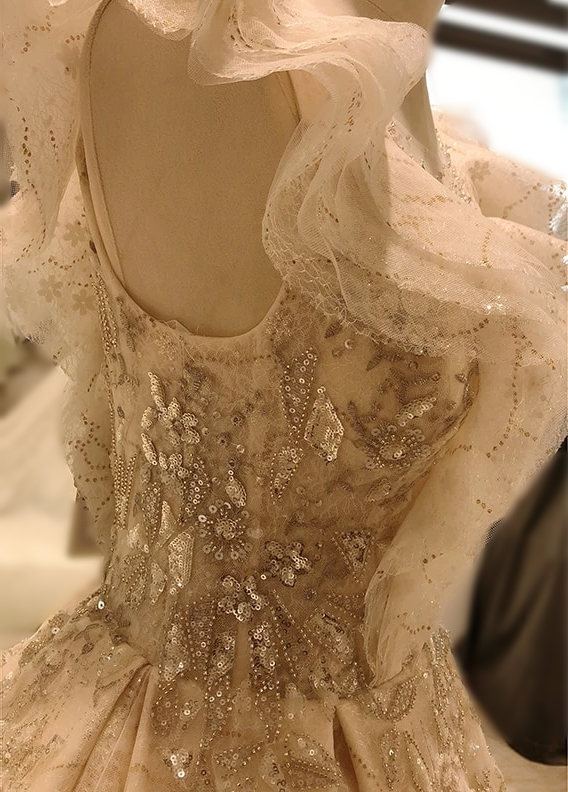 Sexy Wedding Dress With Ruffles sleeves royal luxury vintage lace beaded sequin Champagne / 8 / 100cm Sexy Wedding Dress With Ruffles sleeves royal luxury vintage lace beaded sequin Champagne / 8 / 100cm