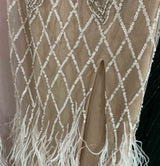 Luxury White Feathers Split Dress- Long Nude Beaded  Mermaid