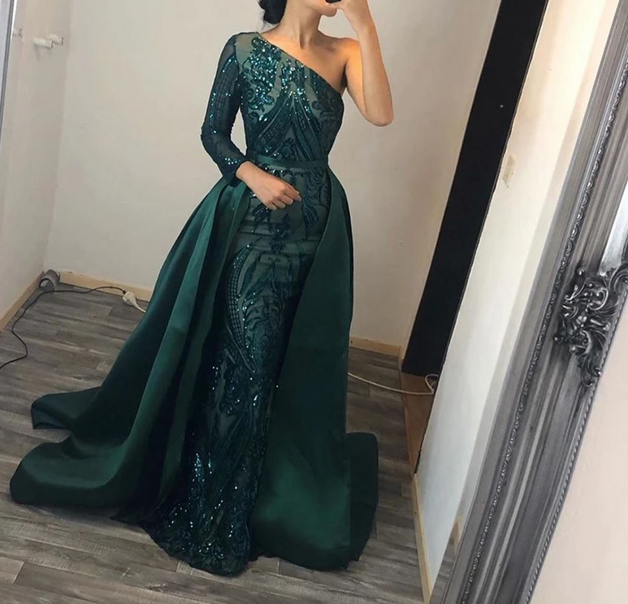 Elegant One Shoulder Evening Gown with Detachable Skirt Rose Gold / 24W