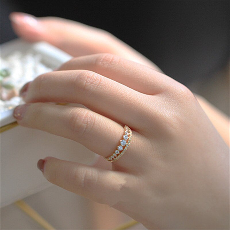 Sterling Silver Simple Double Row Pavé Crystal Ring Luxury Vintage 14k Gold Plating